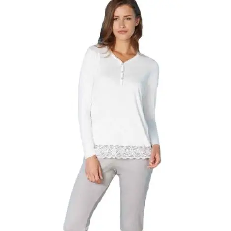 Andra pajamas women Art. 7736 white and gray with V-neck opening and lace on the bottom