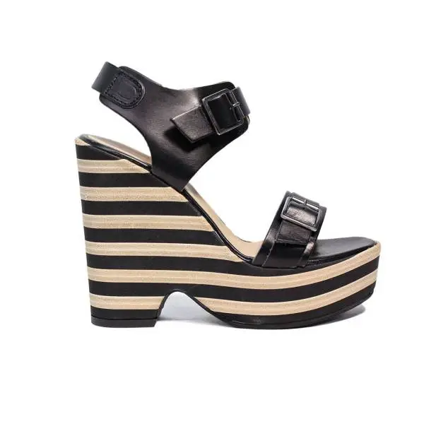 Fornarina woman sandal with high wedge black and beige color PE17PY1008C000 PRETTY-BLACK CALF