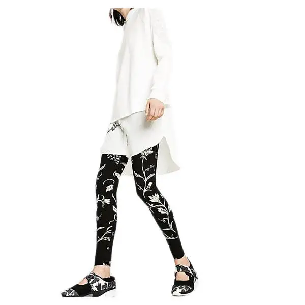 Desigual 73K2YA7 2000 black women's leggings with floral print in white contrast