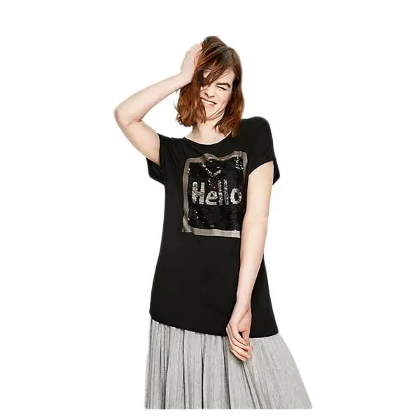 Desigual 72T2EJ9 2000 t-shirt donna con scritta in paillettes reversibili, color nero
