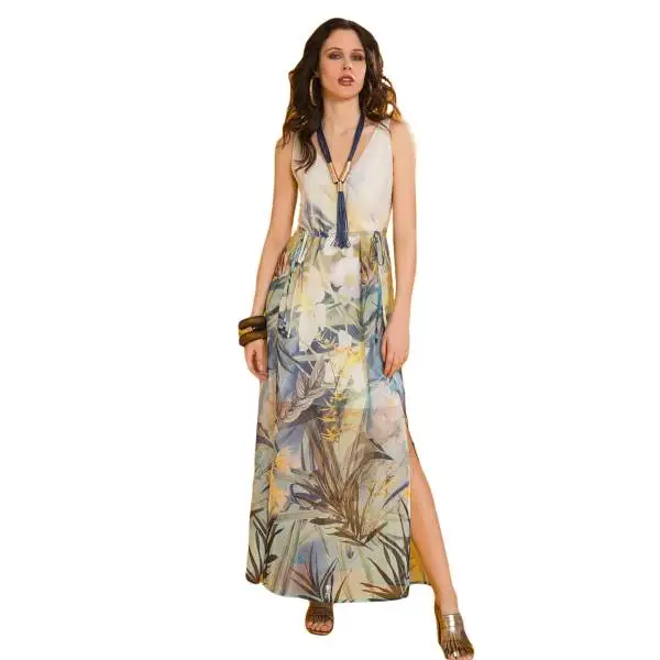 EDAS GUANACO BLU abito donna con scollatura, stampa floreale, multicolore