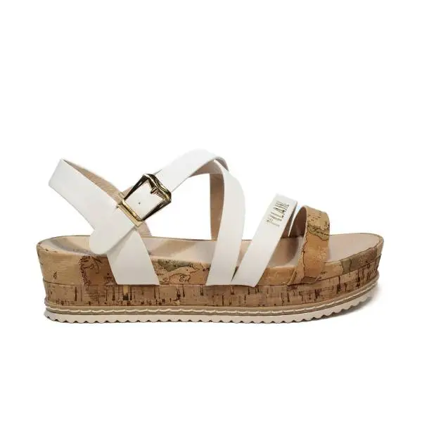 Alviero Martini sandal woman colors white and beige with wedge in cork fabric and rubber article P3A2-00099-0041X03
