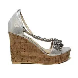 Roberta Martini sandal woman with wedge high silver laminate and diamonds on bands article J-09
