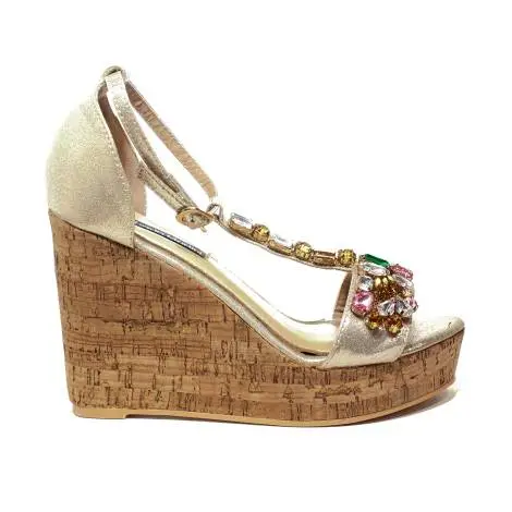 Roberta Martini sandal woman with wedge high gold color laminate and diamonds on bands article J-09