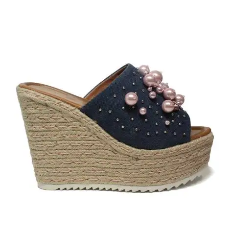 NH.24 sandal with wedge high in corde color jeans with pink beads article NHS21 PEARL LINK