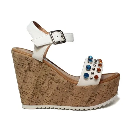 NH.24 sandal with wedge high in cork white color with diamonds in turquoise and orange article NHS08 WHITE TURQ