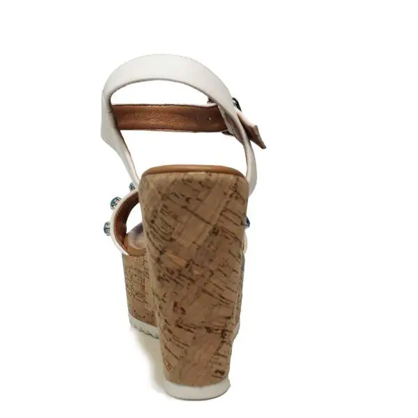 NH.24 sandalo con zeppa alta in sughero colore bianco con diamanti in turchese e arancio articolo NHS08 WHITE TURQ