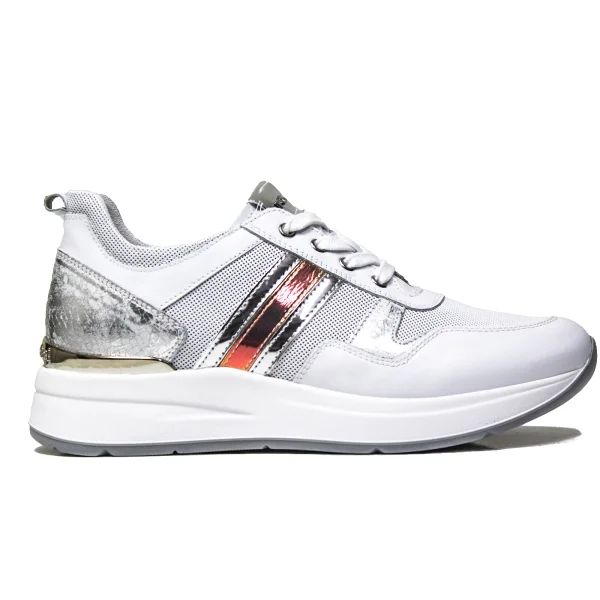 Nero Giardini women's sneaker in white leather with silver lateral stripes article P907721D 707