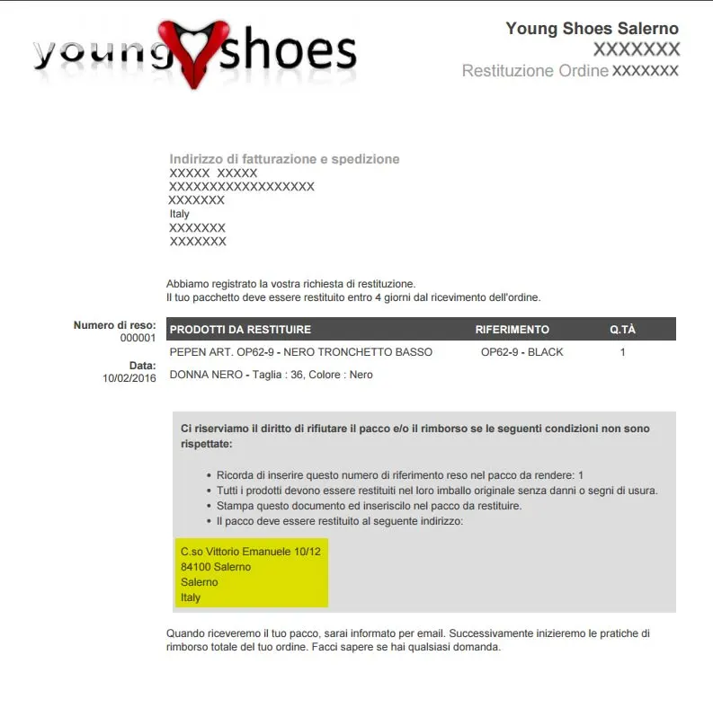 Esempio Stampa del Reso con indirizzo Young Shoes